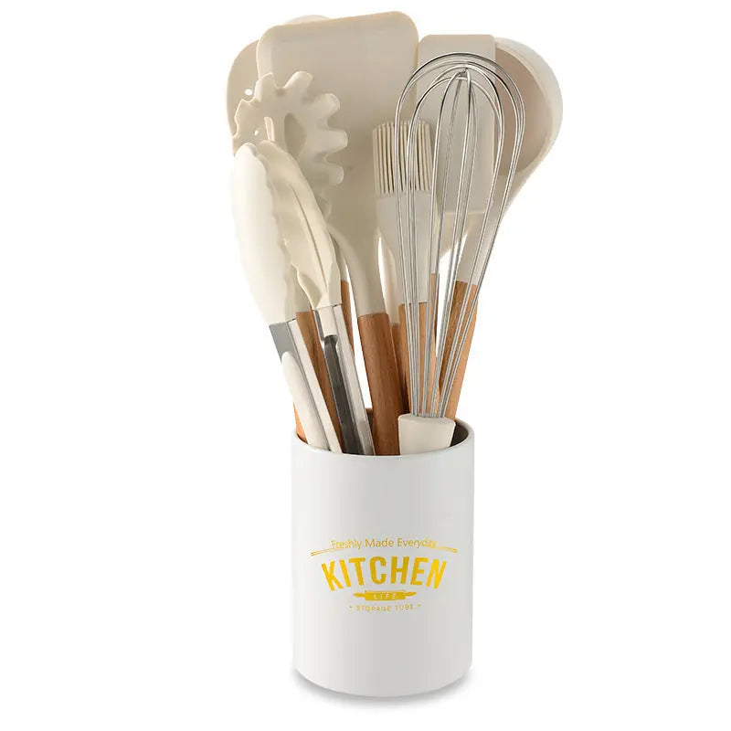 Creamy White Wooden Handle Silicone Kitchenware Set null