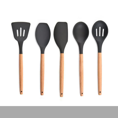 Silicone Kitchenware Set With Wooden Handle null