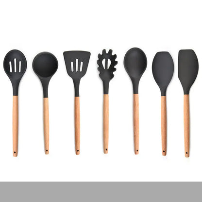 Silicone Kitchenware Set With Wooden Handle null