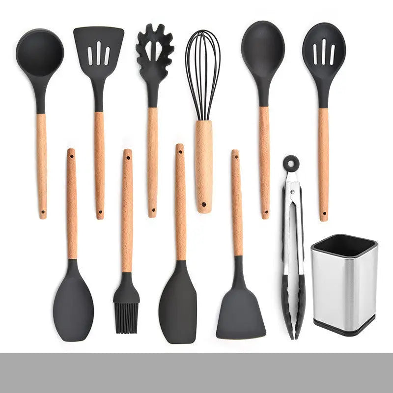 Silicone Kitchenware Set With Wooden Handle null