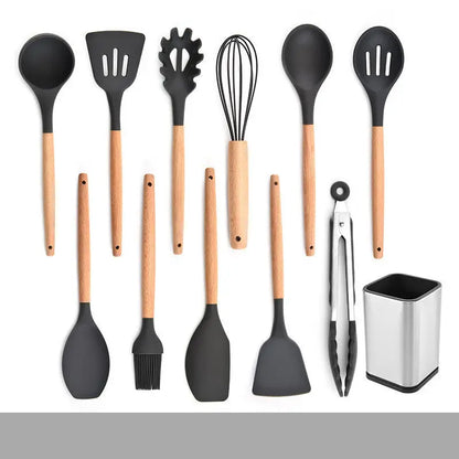 Silicone Kitchenware Set With Wooden Handle null