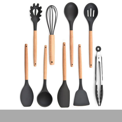 Silicone Kitchenware Set With Wooden Handle null