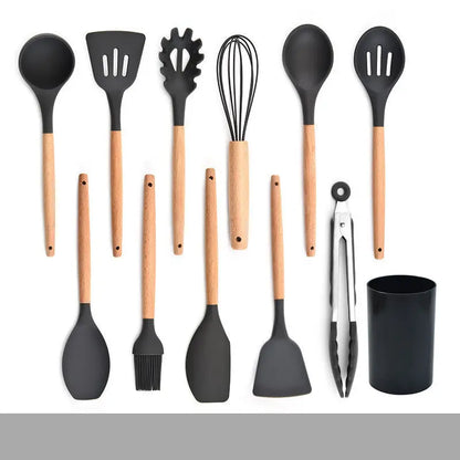 Silicone Kitchenware Set With Wooden Handle null