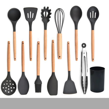 Silicone Kitchenware Set With Wooden Handle null