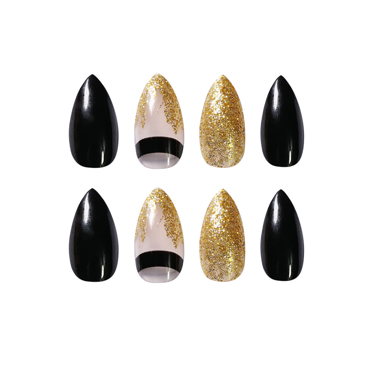 Black Gold Glitter Pointed Wear Nail Art Finished Fake Nails null Black Gold Glitter Pointed Wear Nail Art Finished Fake Nails Black Gold Glitter Pointed Wear Nail Art Finished Fake Nails