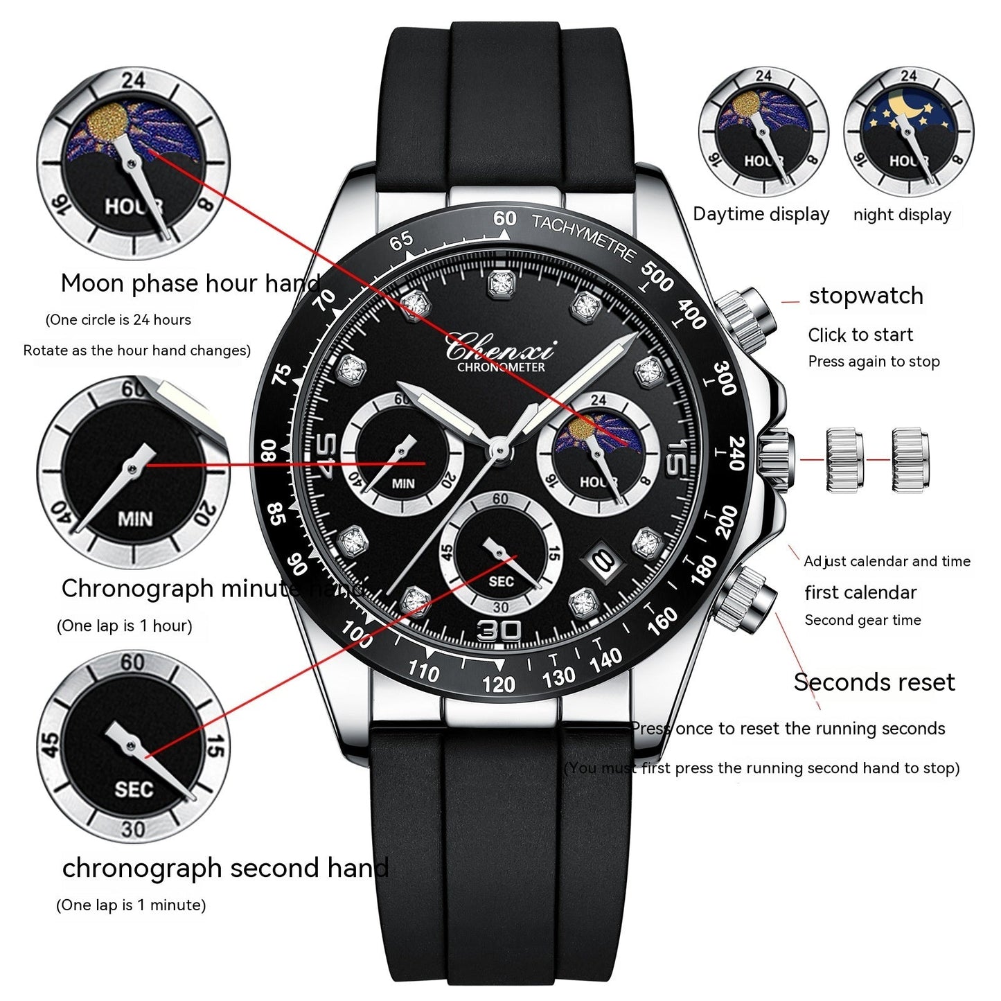 Multi-functional Silicone Band Watch Men's Three Eyes And Six Needles null Multi-functional Silicone Band Watch Men's Three Eyes And Six Needles