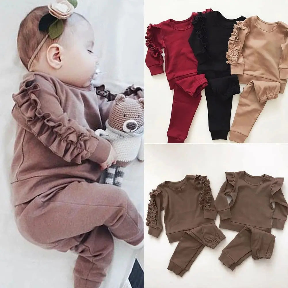 Newborn Baby Boys Girls Ruffles Jumper Solid Long Sleeve Sweatshirt Tops Pants Infant Kids 2Pcs Outfits Clothes Set Fall Clothes null