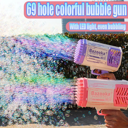 Bubble Gun Rocket 69 Holes Soap Bubbles Machine Gun Shape Automatic Blower With Light Toys For Kids Pomperos null