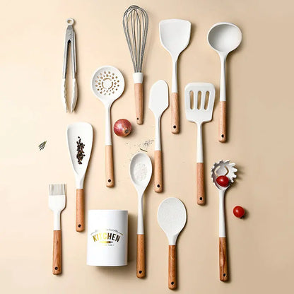 Creamy White Wooden Handle Silicone Kitchenware Set null