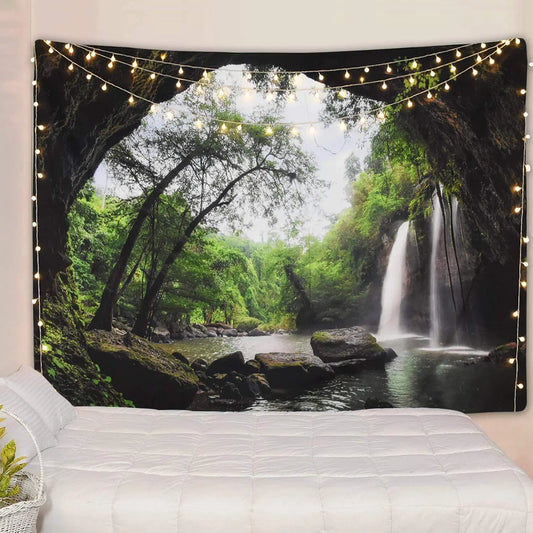 Beautiful Cave Waterfall Print Wall Hippie Tapestry Polyester Fabric Home Decor Wall Hanging Rug Carpets Waterfall null