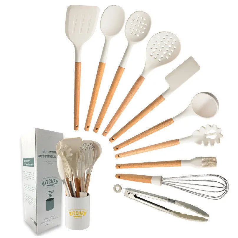 Creamy White Wooden Handle Silicone Kitchenware Set null