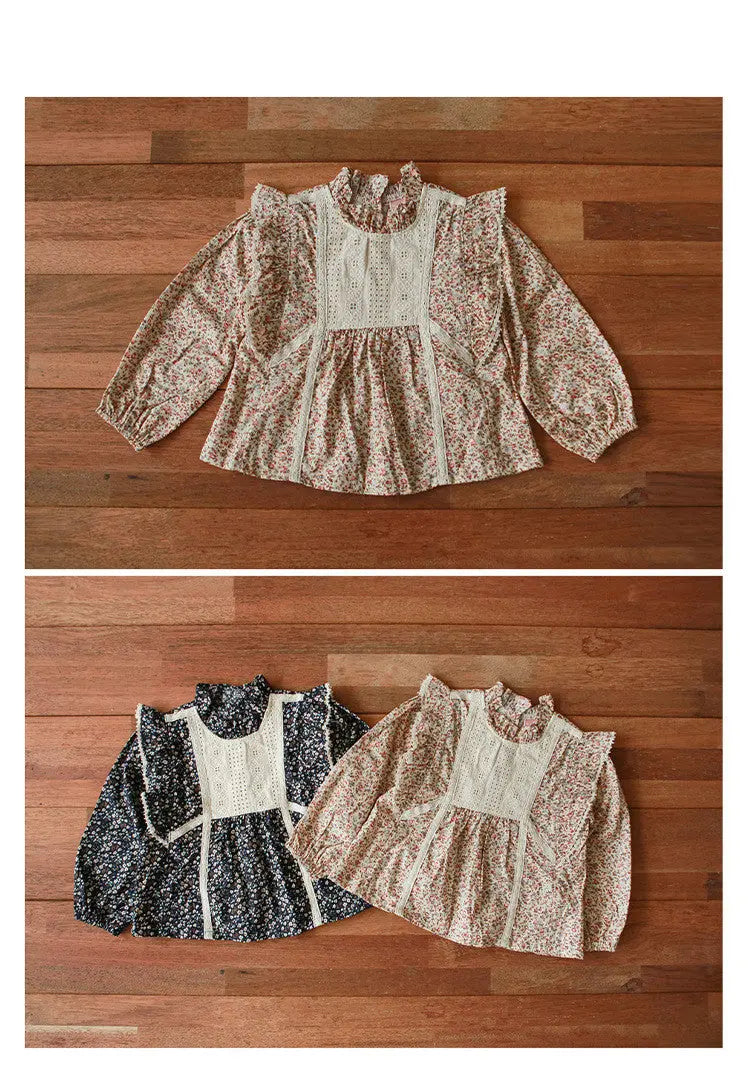 Clothing Children Girls Stitching Western Style Floral Blouse null