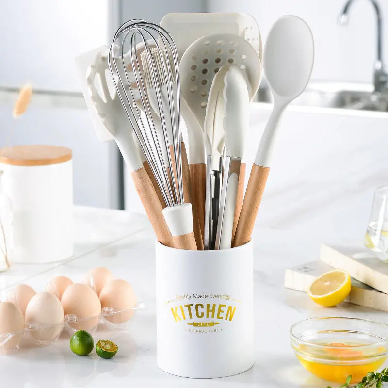 Creamy White Wooden Handle Silicone Kitchenware Set null