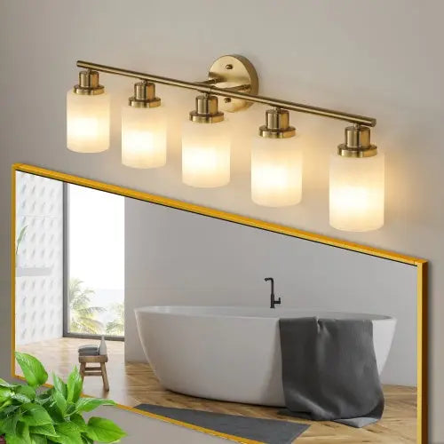 5 Lamps Gold Bathroom Vanity Lamp, Frosted Glass Shade, Modern Wall Mounted Lighting - No Bulbs Unavailable Platforms- Temu null