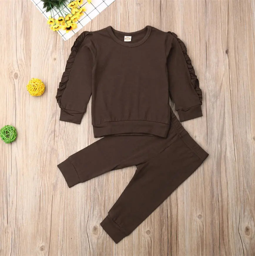 Newborn Baby Boys Girls Ruffles Jumper Solid Long Sleeve Sweatshirt Tops Pants Infant Kids 2Pcs Outfits Clothes Set Fall Clothes null