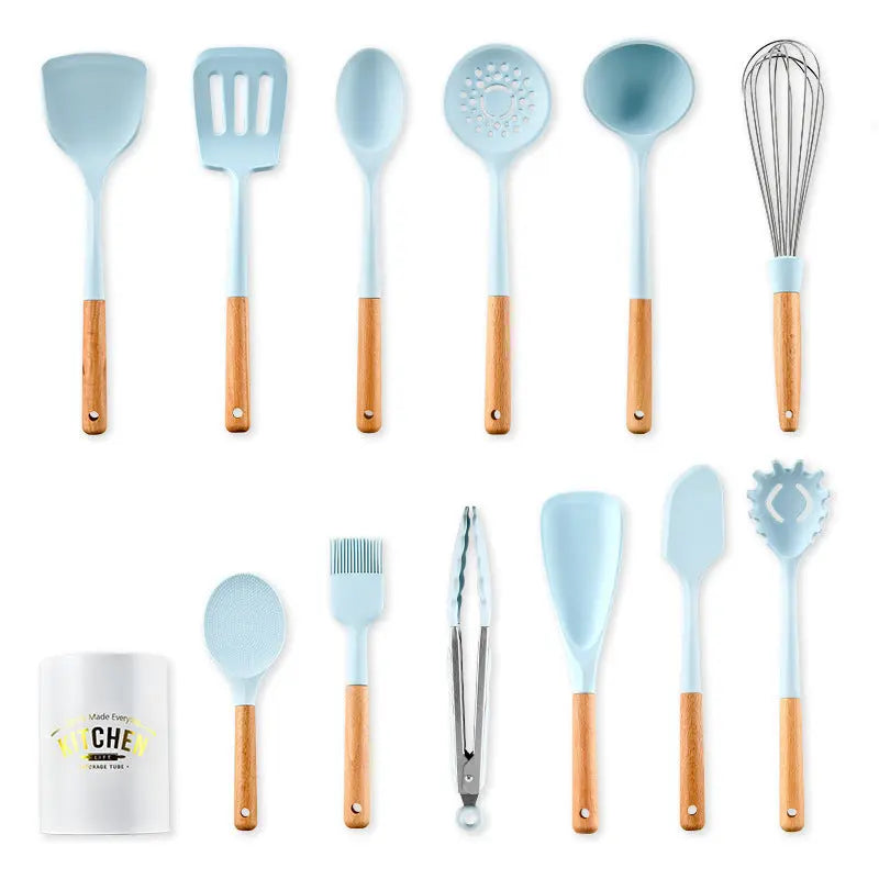 Creamy White Wooden Handle Silicone Kitchenware Set null