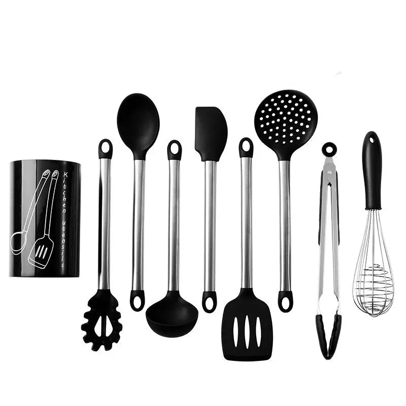 Stainless Steel Silicone Kitchenware Kit Amazon Hot Silicone Kitchenware 9-piece Set With Storage Bucket null