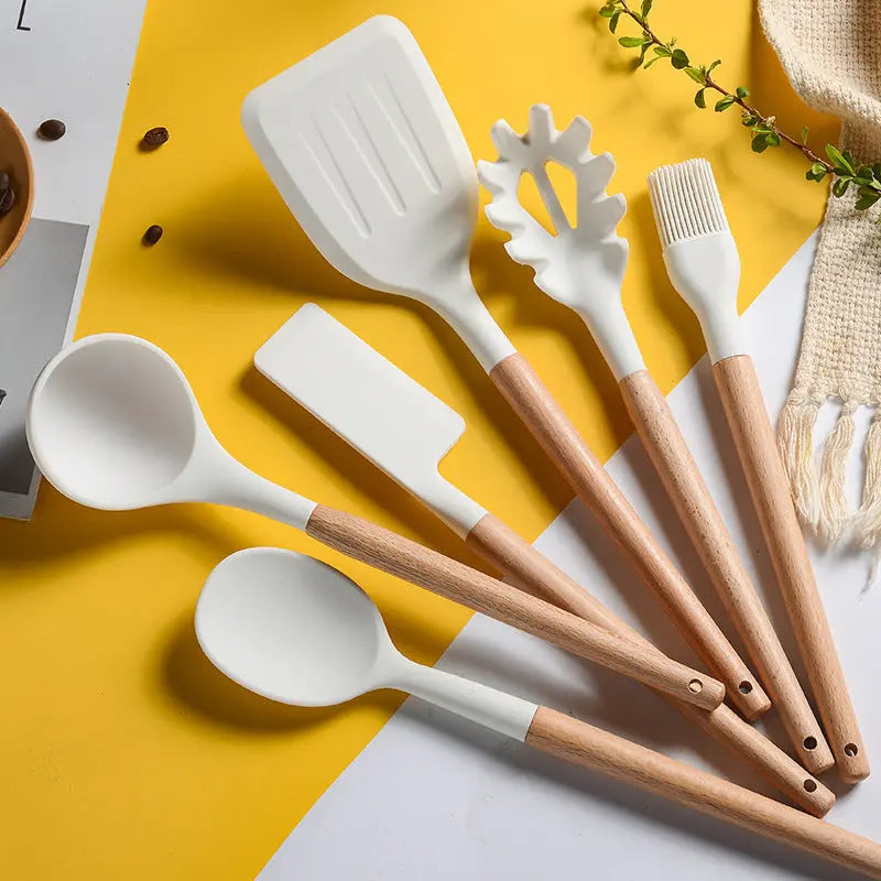 Creamy White Wooden Handle Silicone Kitchenware Set null