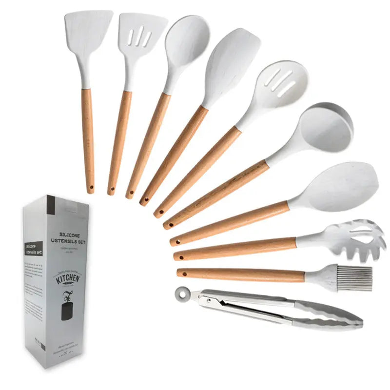 Marbled White Wooden Handle Silicone Kitchenware Set null