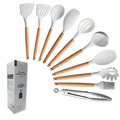 Marbled White Wooden Handle Silicone Kitchenware Set null