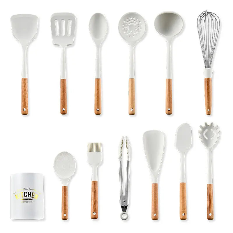 Creamy White Wooden Handle Silicone Kitchenware Set null