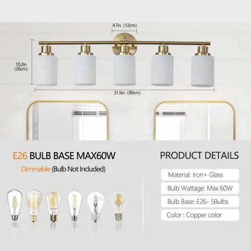 5 Lamps Gold Bathroom Vanity Lamp, Frosted Glass Shade, Modern Wall Mounted Lighting - No Bulbs Unavailable Platforms- Temu null