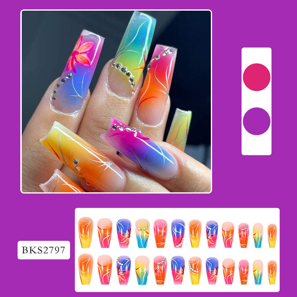 Color Gradient Flower Rhinestone Fake Nails null Color Gradient Flower Rhinestone Fake Nails Color Gradient Flower Rhinestone Fake Nails