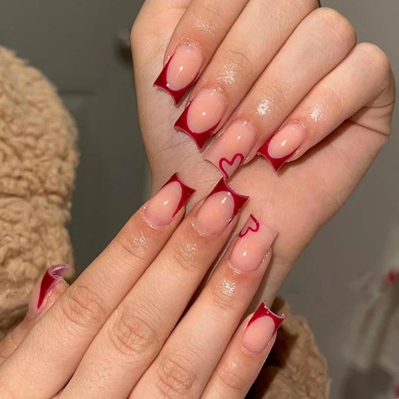 Simple Wine Red French Love European Square Fake Nails null Simple Wine Red French Love European Square Fake Nails Simple Wine Red French Love European Square Fake Nails