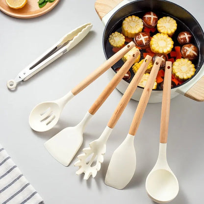 Wooden Handle Silicone Kitchenware Cooking Spatula Set null