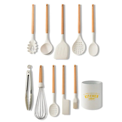 Creamy White Wooden Handle Silicone Kitchenware Set null